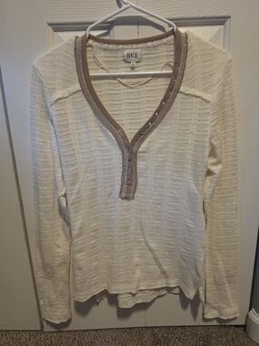 BKE Cream Long Sleeve Henley Top with Tan Rib Trim